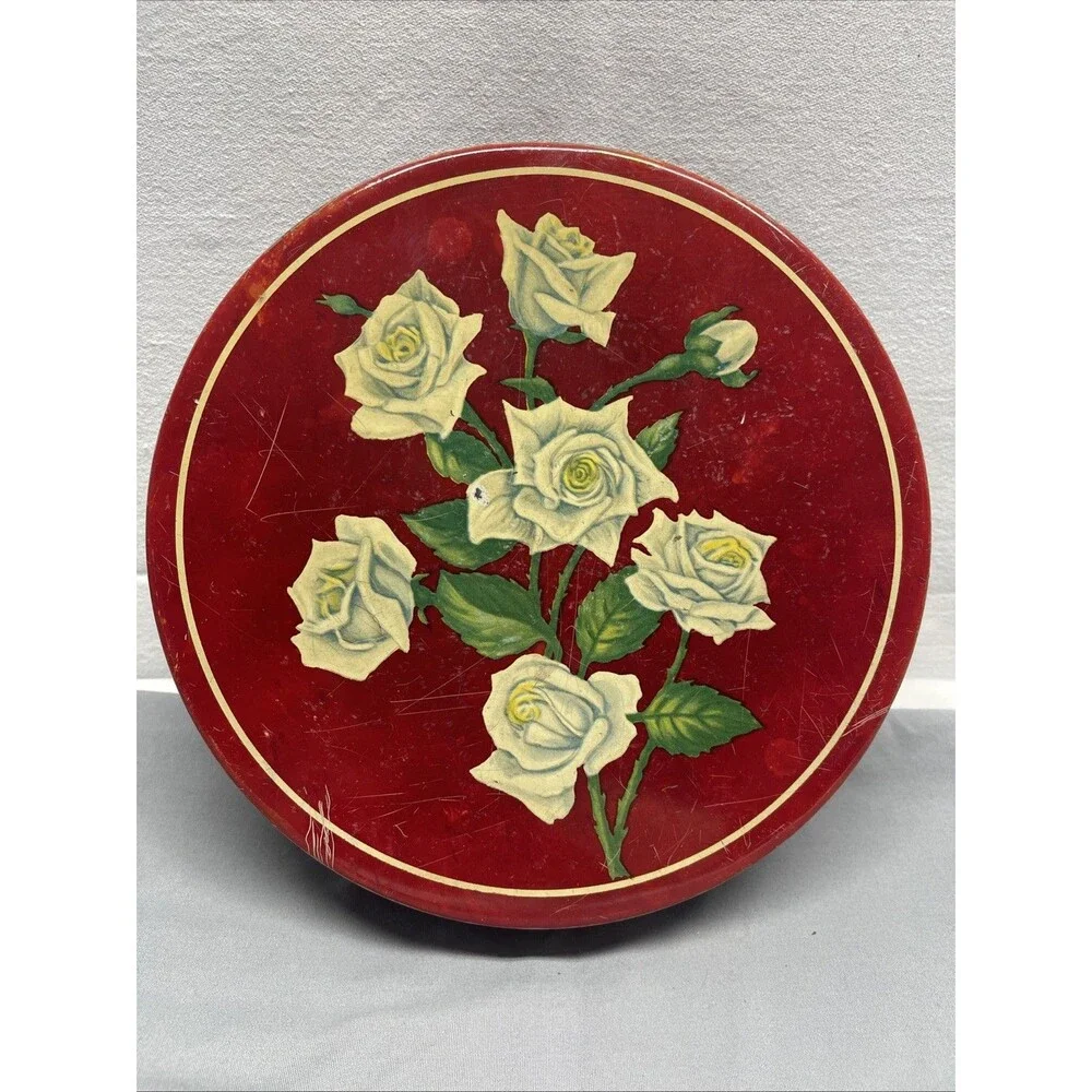Vintage Red Rose Tin Container Flower Candy Cookie White Roses Storage Decor